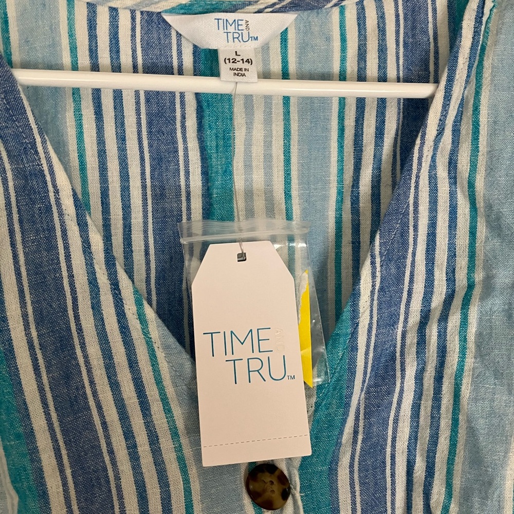 Time & Tru linen striped button down dress size L new with tags - Picture 2 of 4